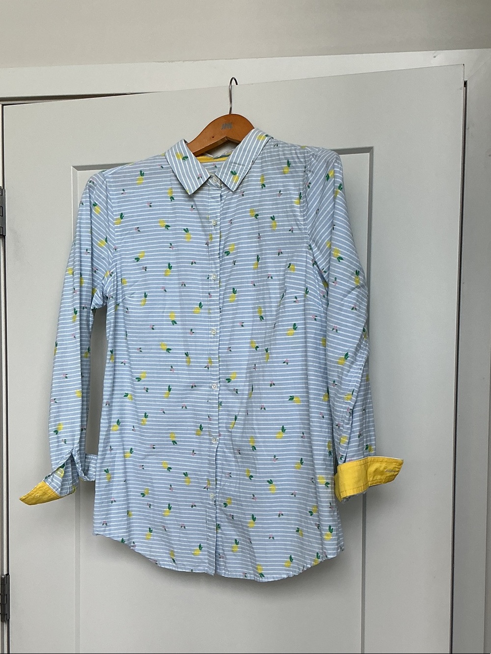 Women's Light Blue Striped Button-Up Blouse with Yellow Pineapple Print